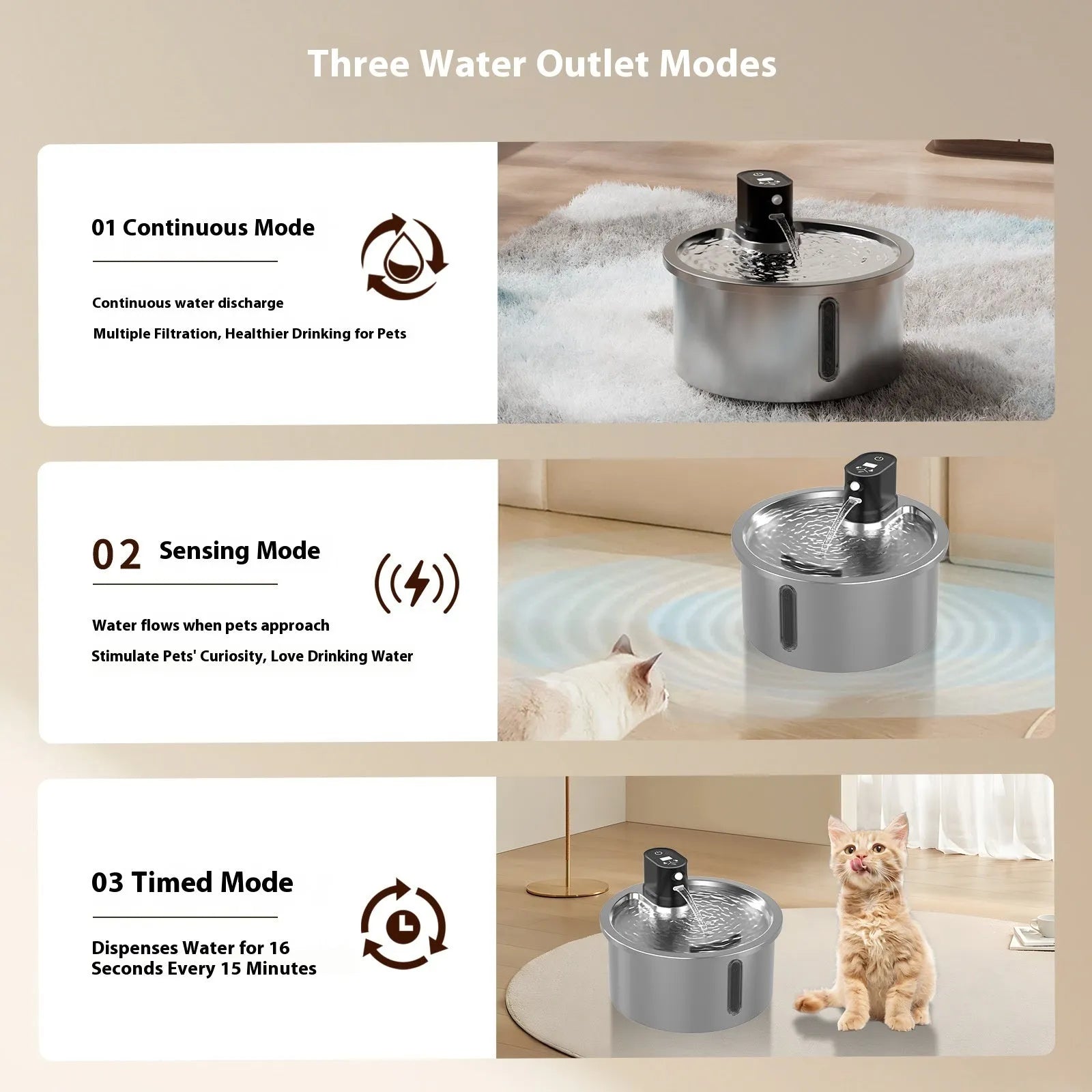 Stainless steel cat and dog water fountain with a white base and constant temperature heating function.