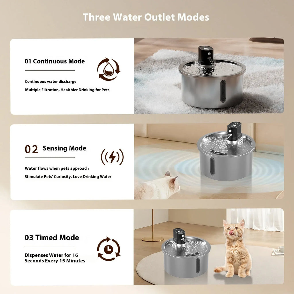 White stainless steel cat water fountain with digital constant temperature base on a kitchen counter.