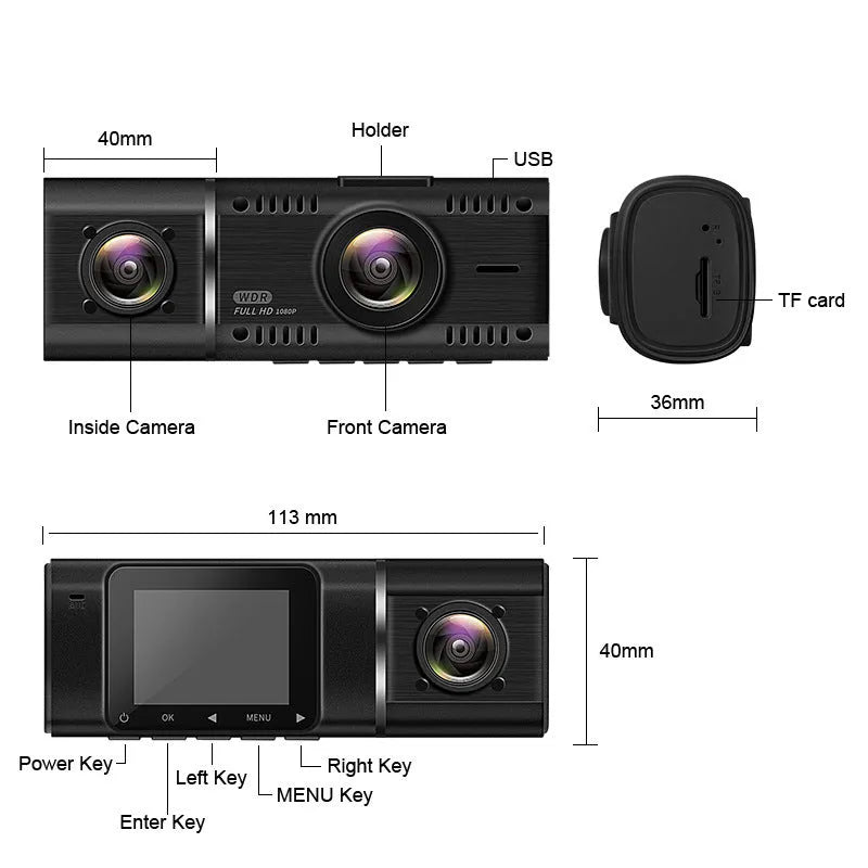 Black dual-lens dashboard camera with 1.5-inch screen mounted on car windscreen suction stand.