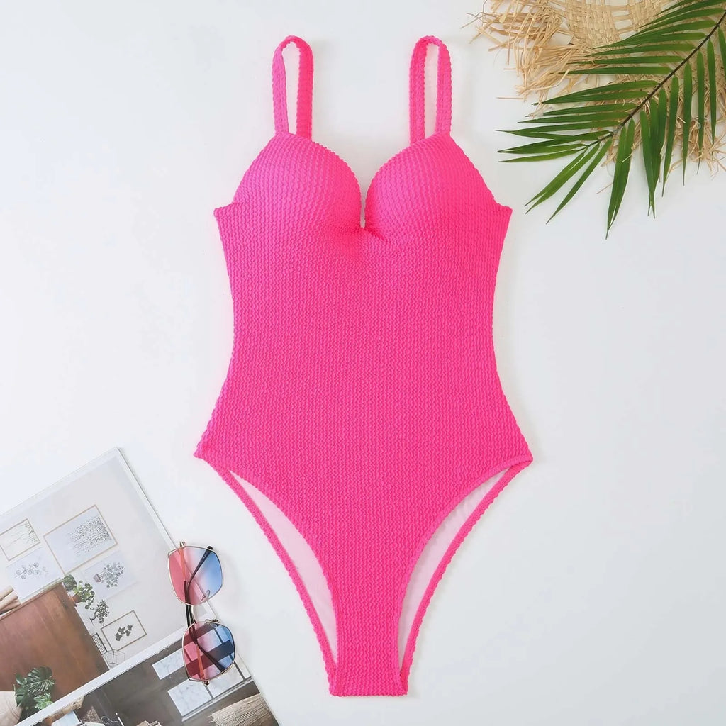 Women's sleeveless one-piece swimsuit with stripe print in various colours on a mannequin