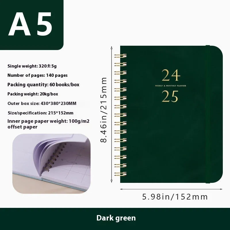 A5 leather notebook with metal coil binding in multiple colour options including black, blue, brown and green