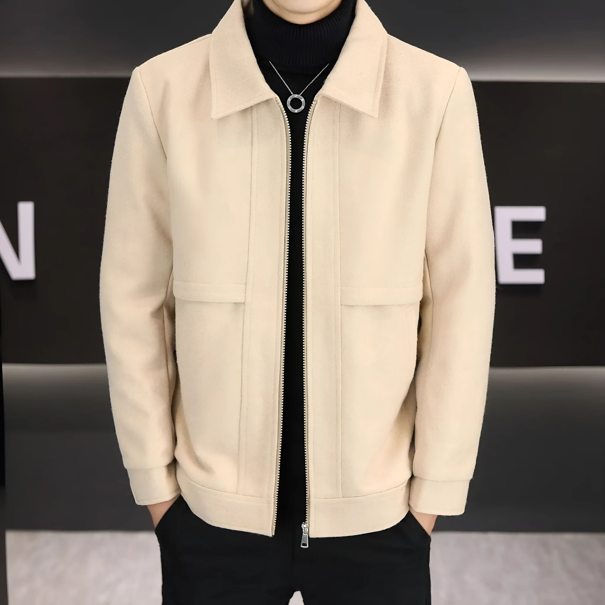 Men's casual polo collar jacket in cotton viscose blend, khaki colour with side seam pockets