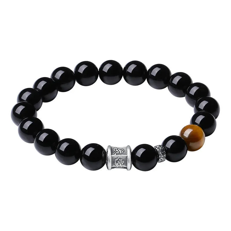 Mens black obsidian bracelet with silver prayer wheel and 10mm beads