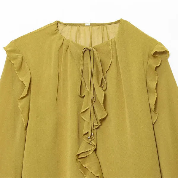 Women's yellow ruffled laminated decorative shirt with printed plants and flowers, button front, long sleeves