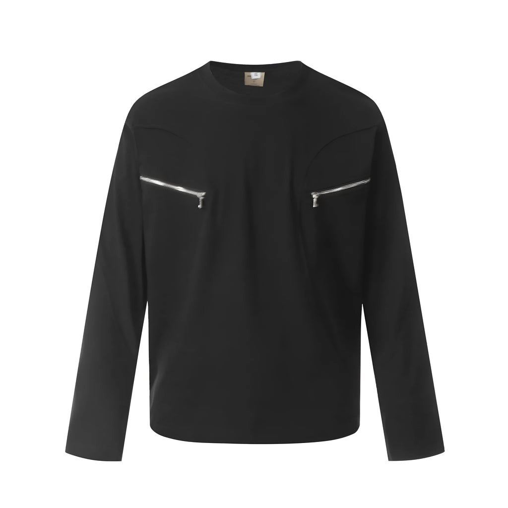 A man or woman wearing a loose grey cotton long sleeve retro pullover.