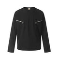 A man or woman wearing a loose grey cotton long sleeve retro pullover.