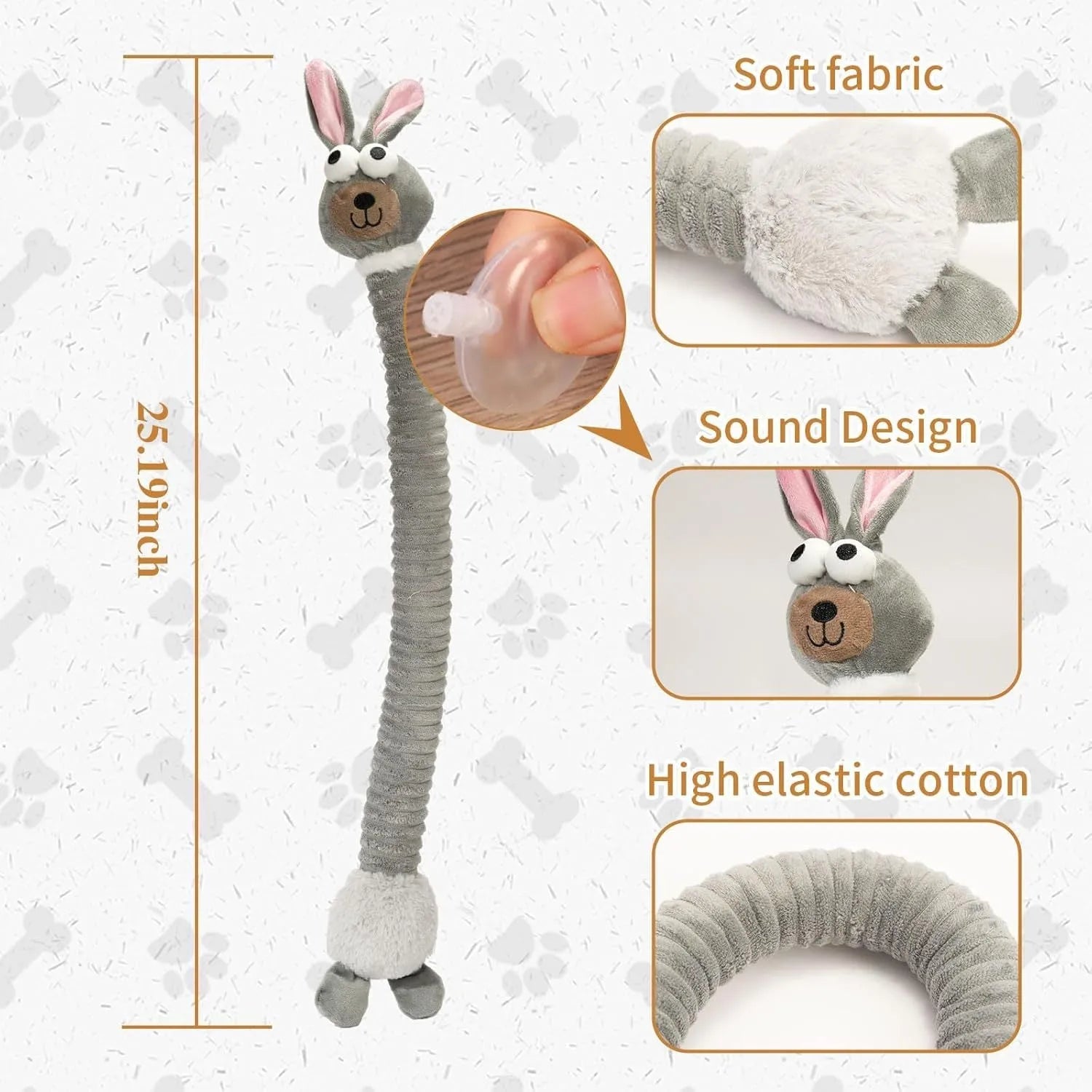 Plush stuffed squeaky dog toy with crinkle material in brown, grey and yellow colours for teething and play
