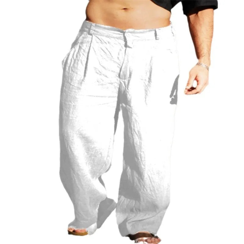 Men's linen cotton mid-waist pleated wide-leg trousers in khaki, front view