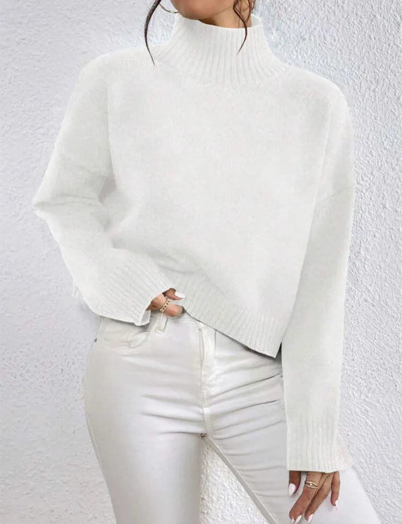 Loose versatile basic women's pullover in gray, showing thread texture and relaxed fit