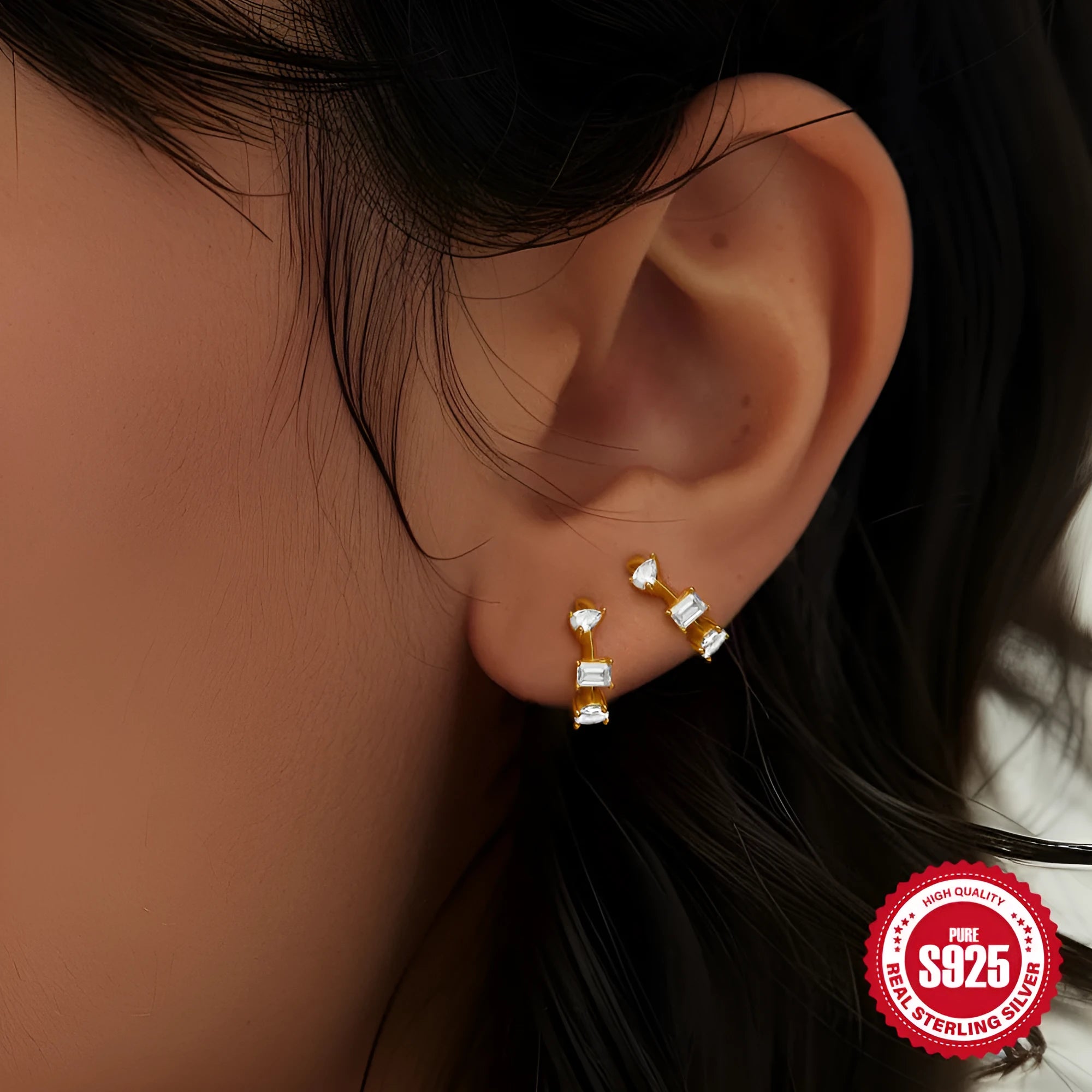 Sterling silver geometric stud earrings with small round diamond-like accents in gold and silver finishes.