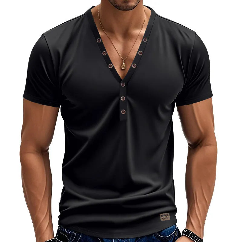 Men's loose fit thin V-neck pullover top with button detail in light blue colour.