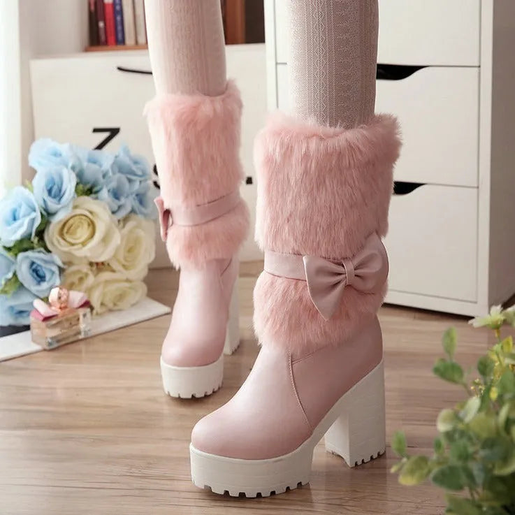 Women's thick heel snow boots in beige with chunky heel, waterproof platform, bow detail, and mid-calf shaft