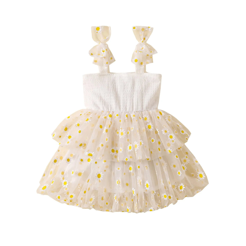 Flower mesh girls' dress suspenders in white with cotton lining, princess style, suitable for height 80-140cm