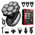 Black rechargeable 6-in-1 hair clipper and grooming kit with multiple attachments laid out.