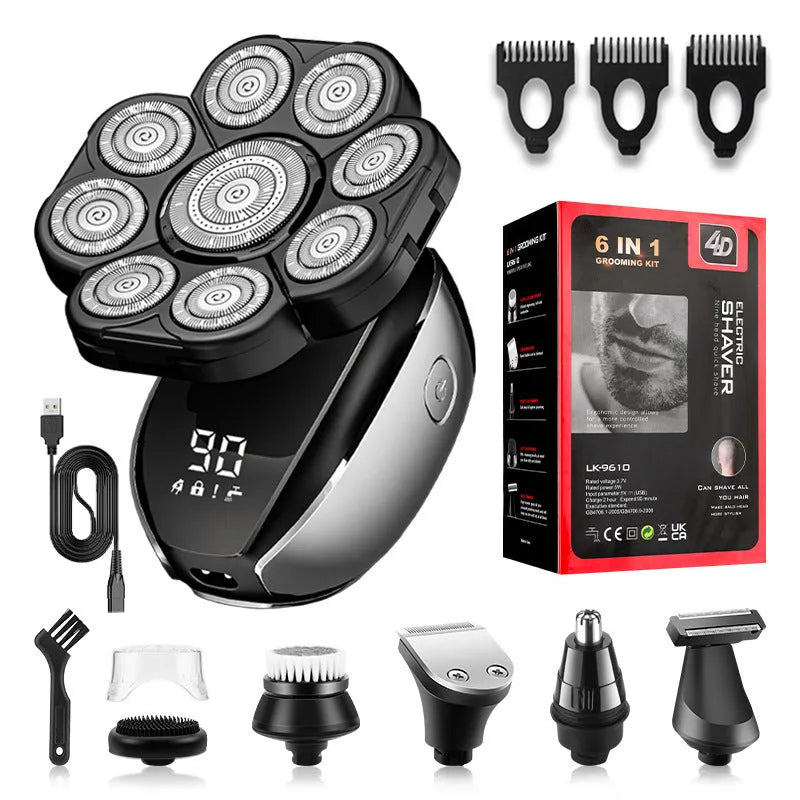 Black rechargeable 6-in-1 hair clipper and grooming kit with multiple attachments laid out.