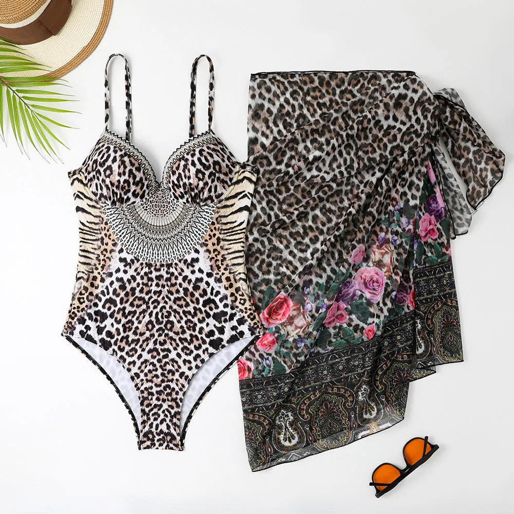 Leopard print women's backless one-piece swimsuit with mesh dress and pants.
