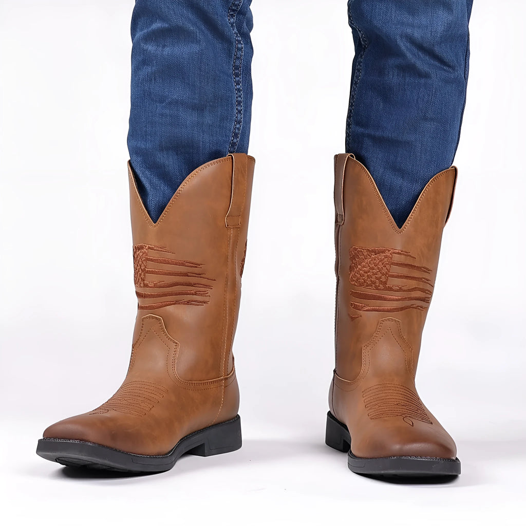 Men's brown retro cowboy boot with embroidered wide head and printed leather texture.