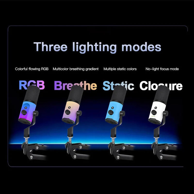 ZX777 moving coil microphone with USB XLR dual-mode interface, noise reduction, and ZX777RGB bracket type