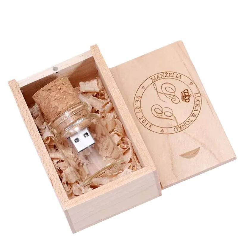 Wooden Wish Drift Bottle shaped USB flash drive with transparent casing and wooden detail, shown next to a scale for size.