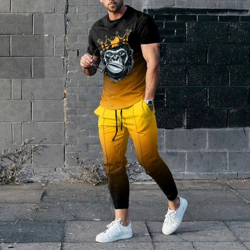 Man wearing a thin, short-sleeve polyester blend pullover and matching trousers from a sports tracksuit set.