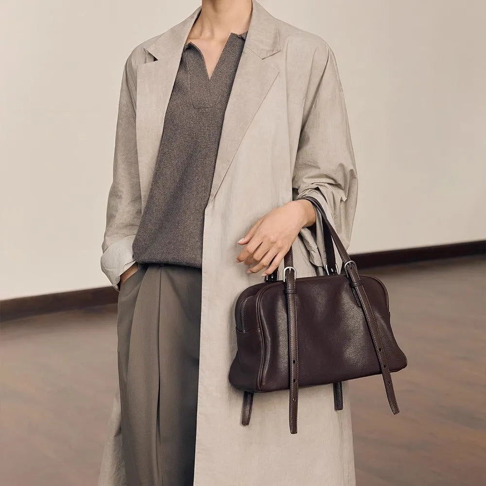 Women's retro style genuine leather shoulder bag with double straps in horizontal square design
