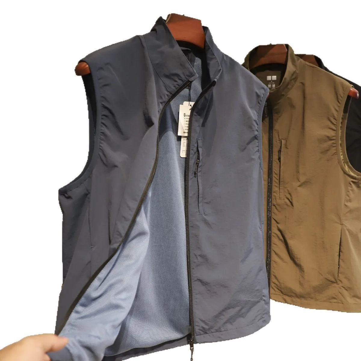 Men's straight-cut nylon vest cardigan in Army Green with side seam pockets