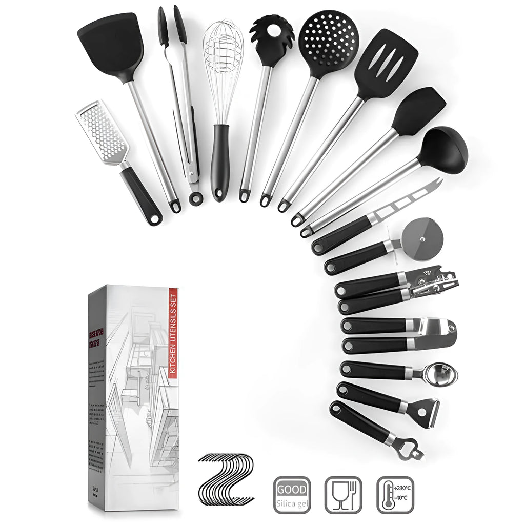 Black silicone kitchen utensil set with stainless steel handles showing four different utensil types