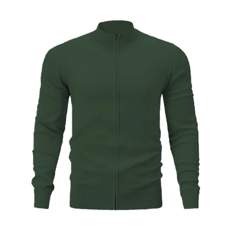 Men's grey stand collar zip-up casual sports sweater hanging on a plain background.