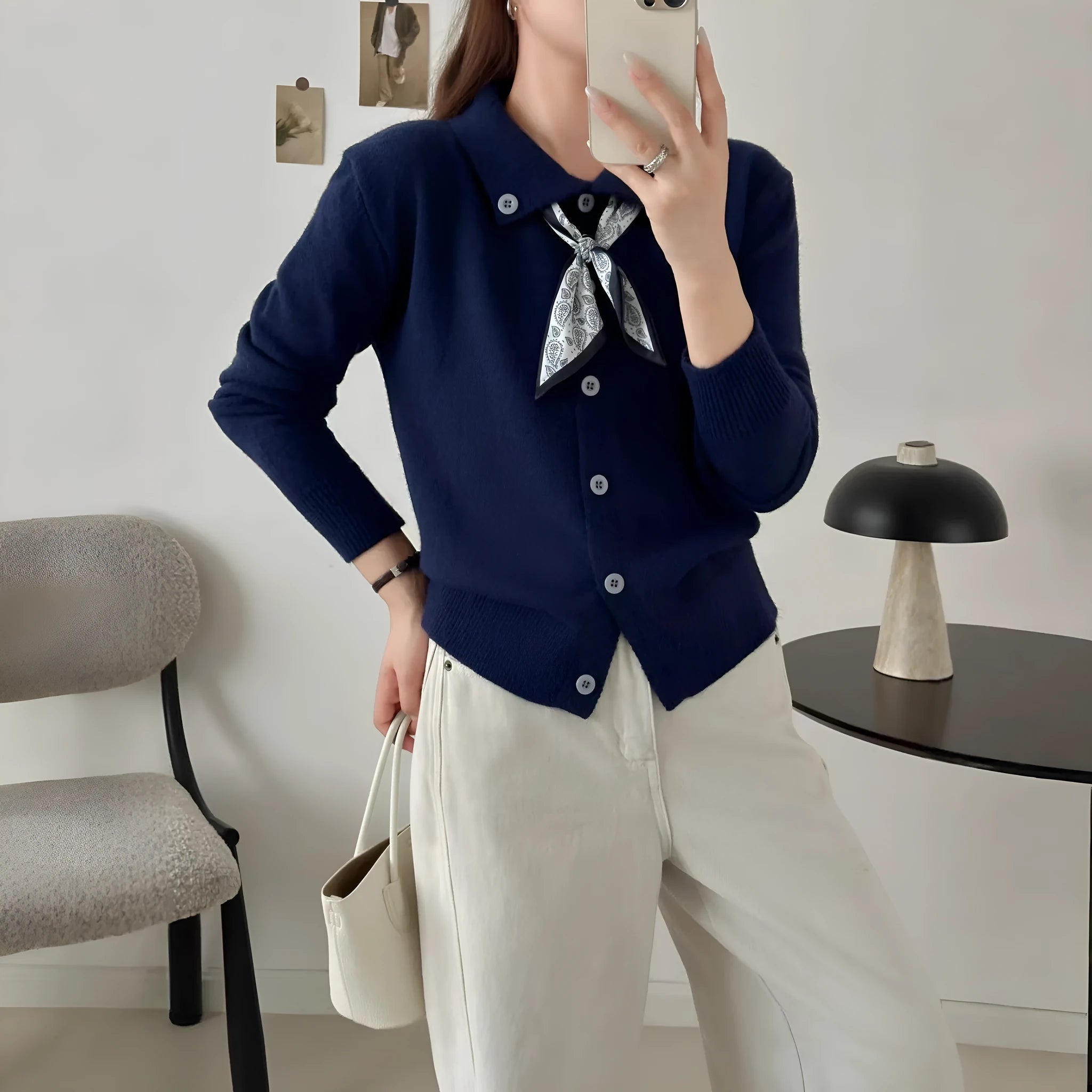 Lapel scarf cardigan sweater in free size with integrated scarf and regular long sleeves