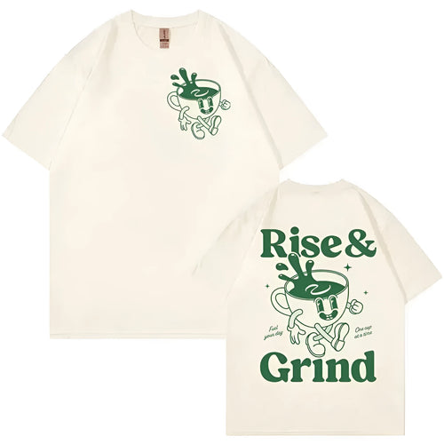 Loose fit men's cartoon t-shirt with Rise And Grind Green Coffee Fun Expression Bag graphic print.