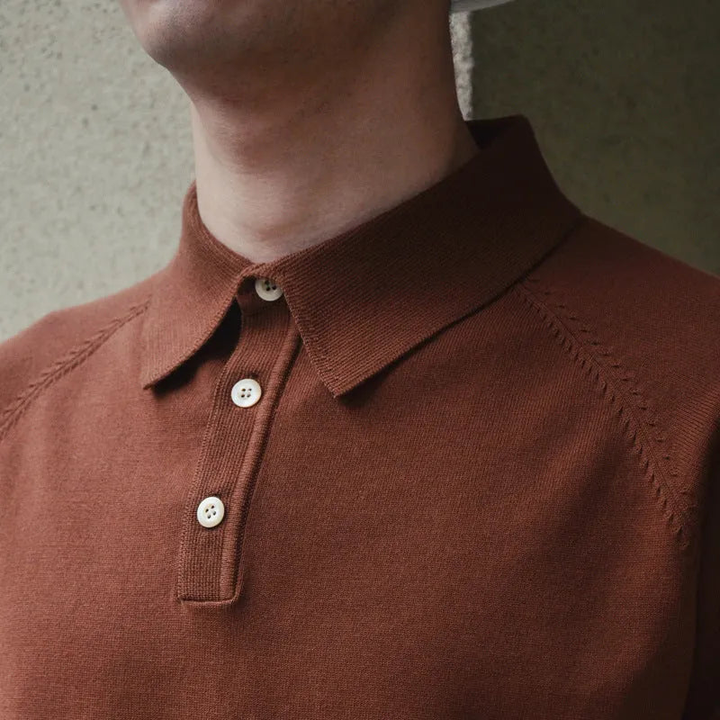 Retro slim fit cotton knitted short-sleeved T-shirt in dark brown colour showing front view