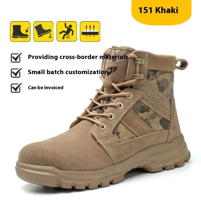 Khaki suede high-top combat boots with a steel toe cap and lace-up front.