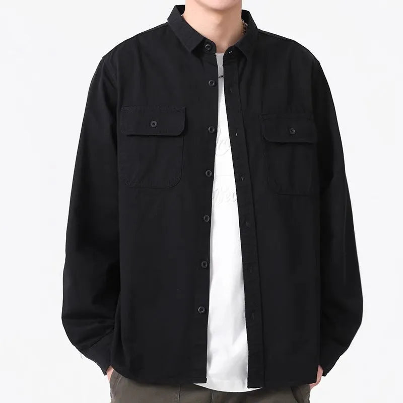 Men's loose fit long sleeve overalls shirt in cardigan style available in four colours