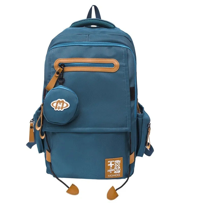 Large capacity nylon leisure travel backpack with contrast stitching, 20-35L, in black, creamy-white, red, khaki or blue