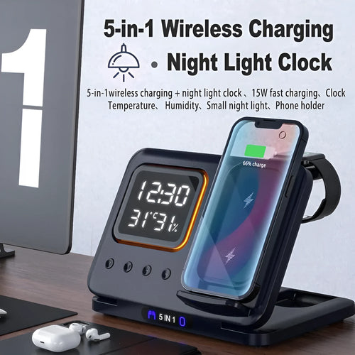 Black wireless charging station with digital display showing time and temperature, charging phone and watch