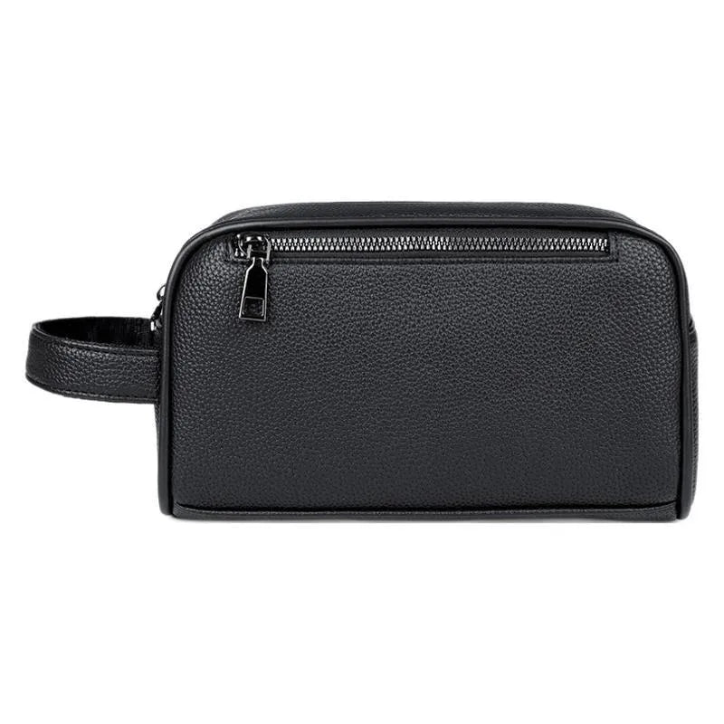 Men's solid colour business clutch bag in soft PU leather with visible sewing thread detail