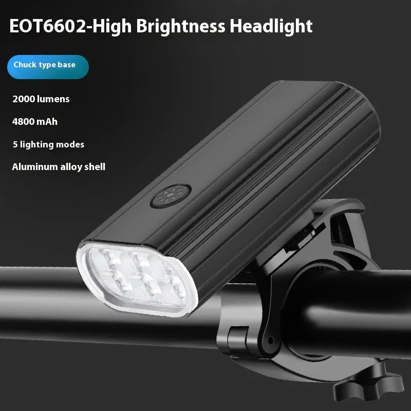 Aluminium alloy bicycle headlight with six XPT beads, USB Type-C port, and quick-release mount.