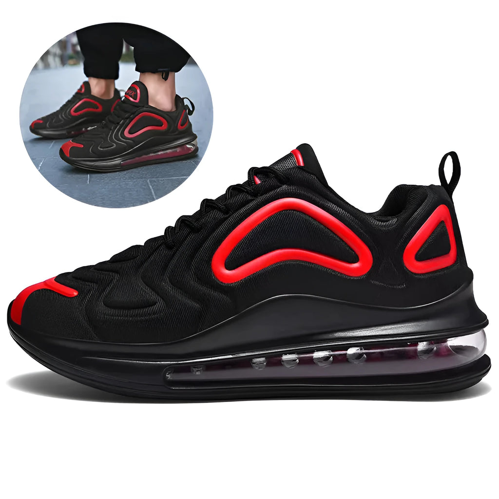 Men's black air cushion running sneakers with white accents and a thick sole on a white background.