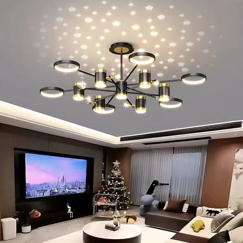 Black 13-head iron pendant chandelier with remote control and adjustable suspension