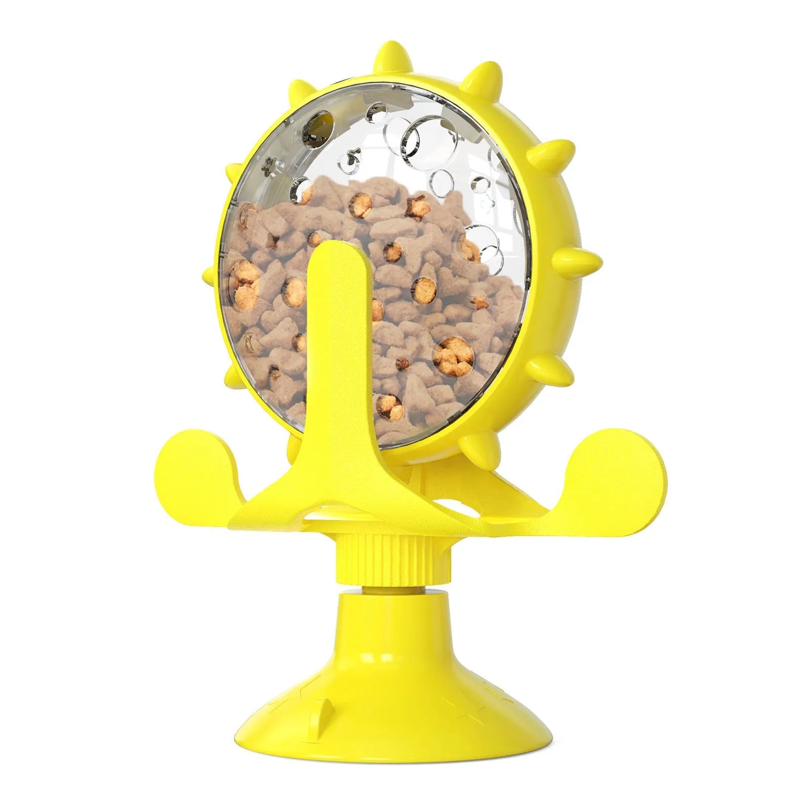 Interactive pet puzzle toy with spinner treat dispenser and suction cup base in multiple colours