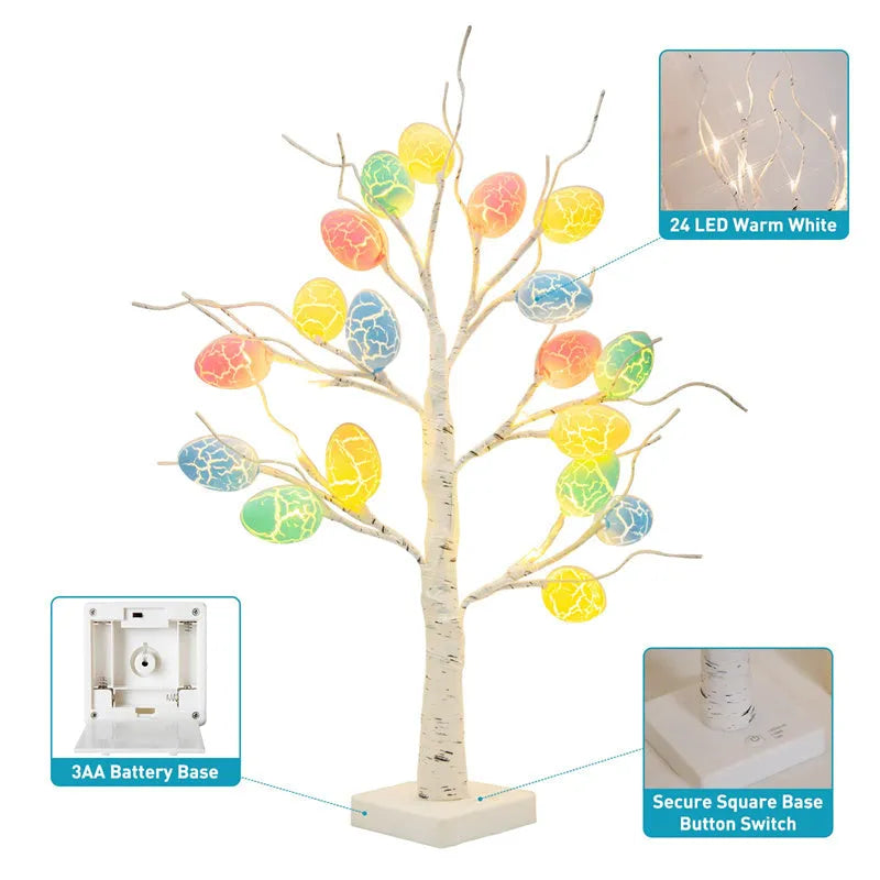60cm white LED birch tree Easter decoration with adjustable branches and hanging cracked egg ornaments