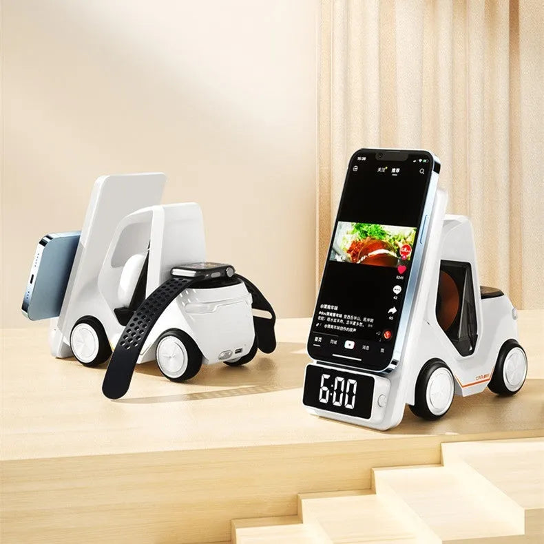 Grey 3-in-1 wireless charging stand holding a phone, smartwatch, and earbuds case at an angle.