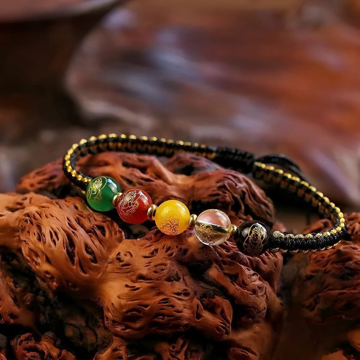 Five Gods of Wealth agate bracelet with hand-woven red rope braid and geometric beads