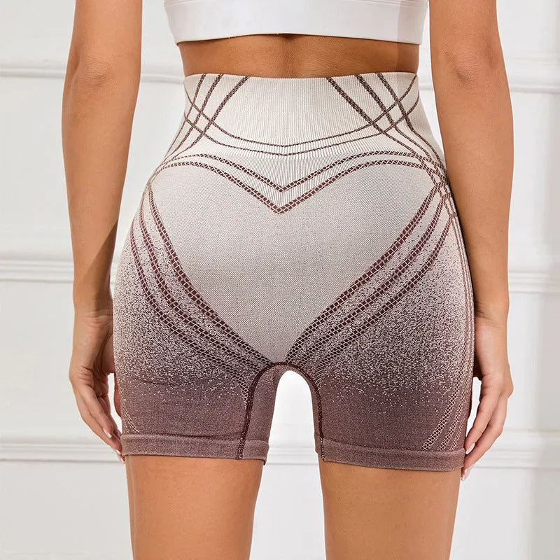 Women's high-waisted gradient fitness shorts in brown and black colours for yoga and running