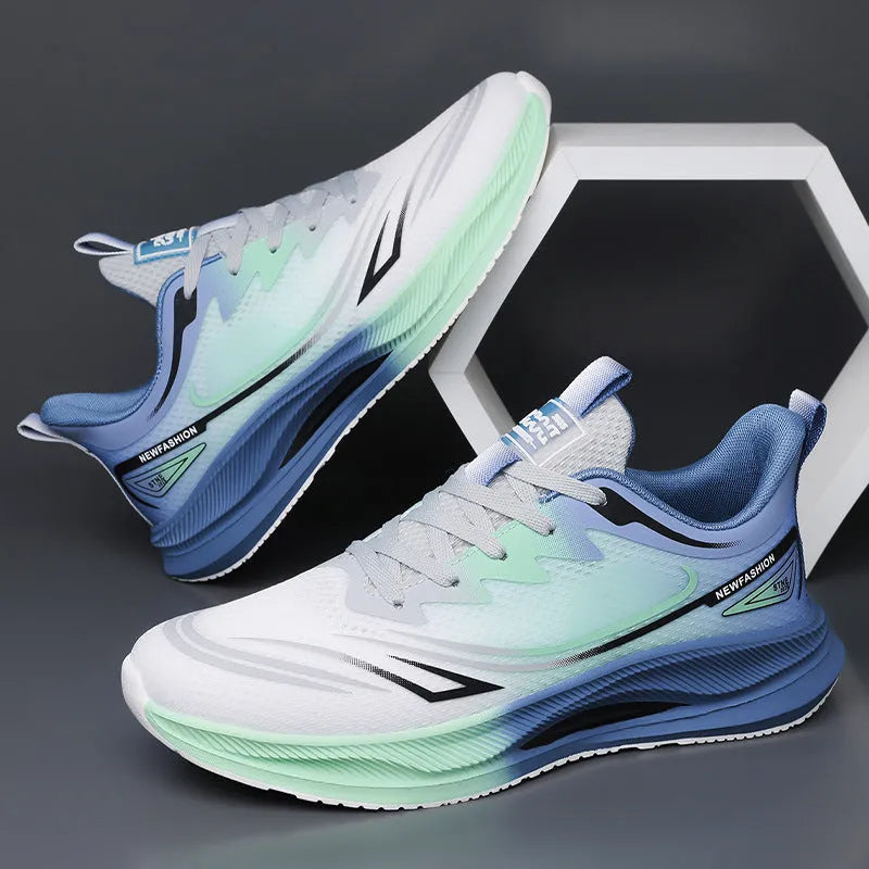 Men's summer casual shoes with fly woven mesh upper and rubber sole in black, black blue, and gray green colours