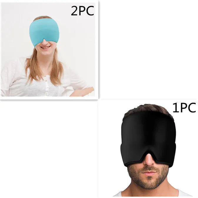 Black elastic cloth gel ice headache relief eye mask showing adjustable headband and cooling gel construction