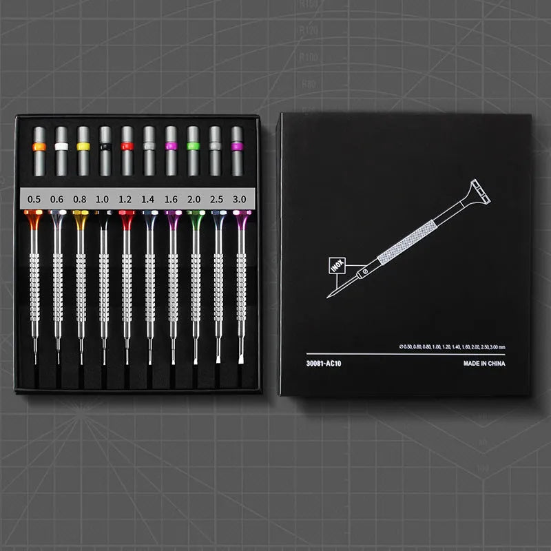 Boxed set of 10 manual screwdrivers and spare bits for watch and glasses repair.