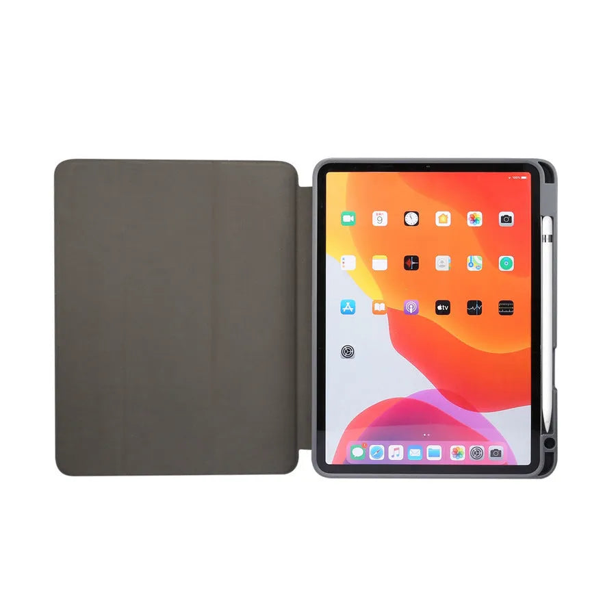 Tri-fold marbling pattern leather-style iPad case in dark grey, showing the integrated pen slot on the side.