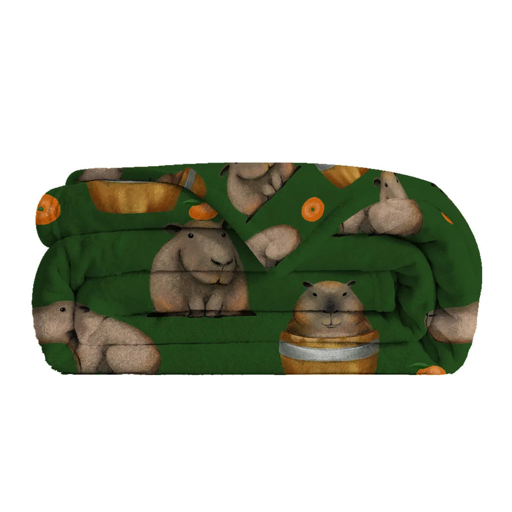 Orange and capybara pattern flannel fleece blanket in multicolour, soft fluffy throw for sofa, bed, camping and office naps