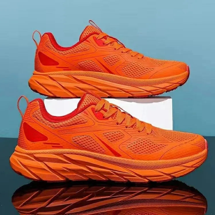 Unisex mesh running shoes in red, beige, green, grey, and black colour options showing round toe design